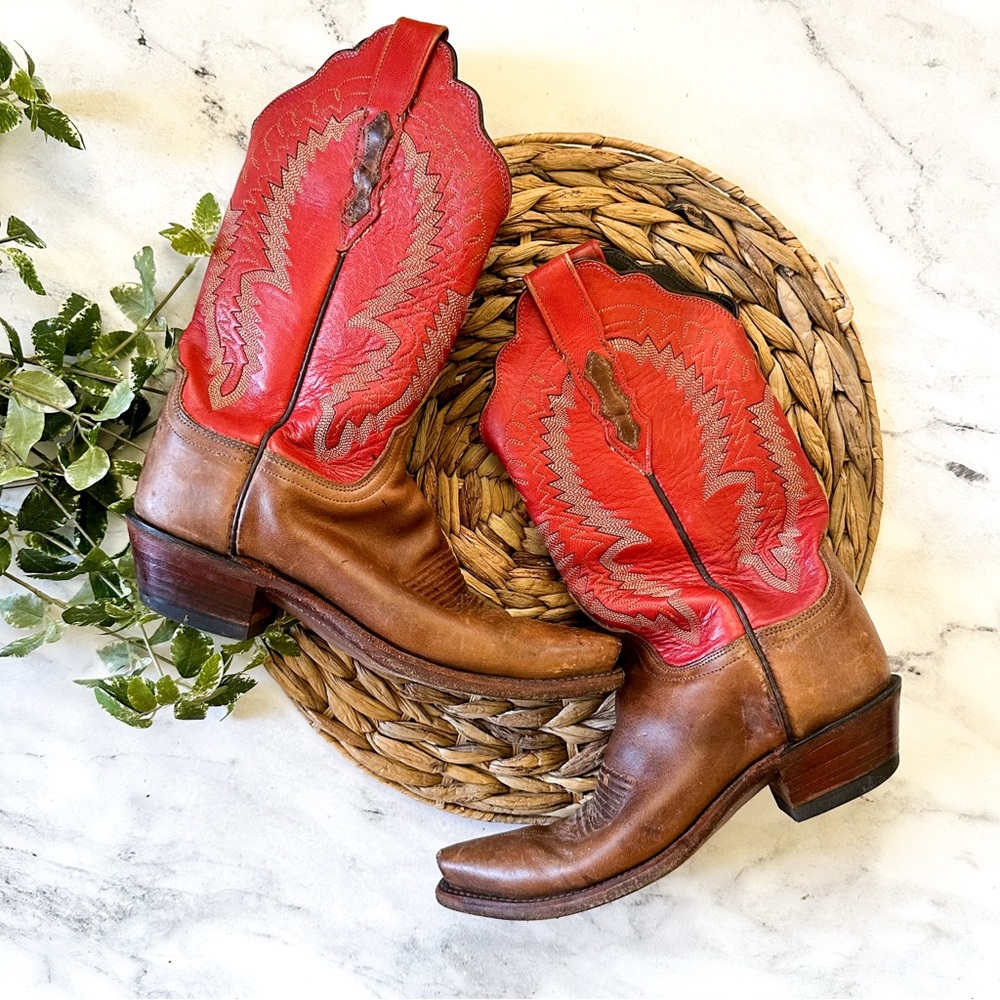 Lucchese 1883 Vintage Womens Laurel Tan & Red Scalloped Cowboy Boots - Picture 10 of 11